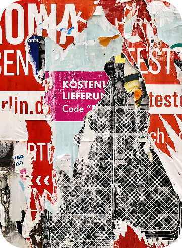 Collage artwork with red and text elements